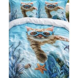 Duvet Cover Set 2 Pillowcases Cat Swimming Full Queen 100% Cotton Custom Order